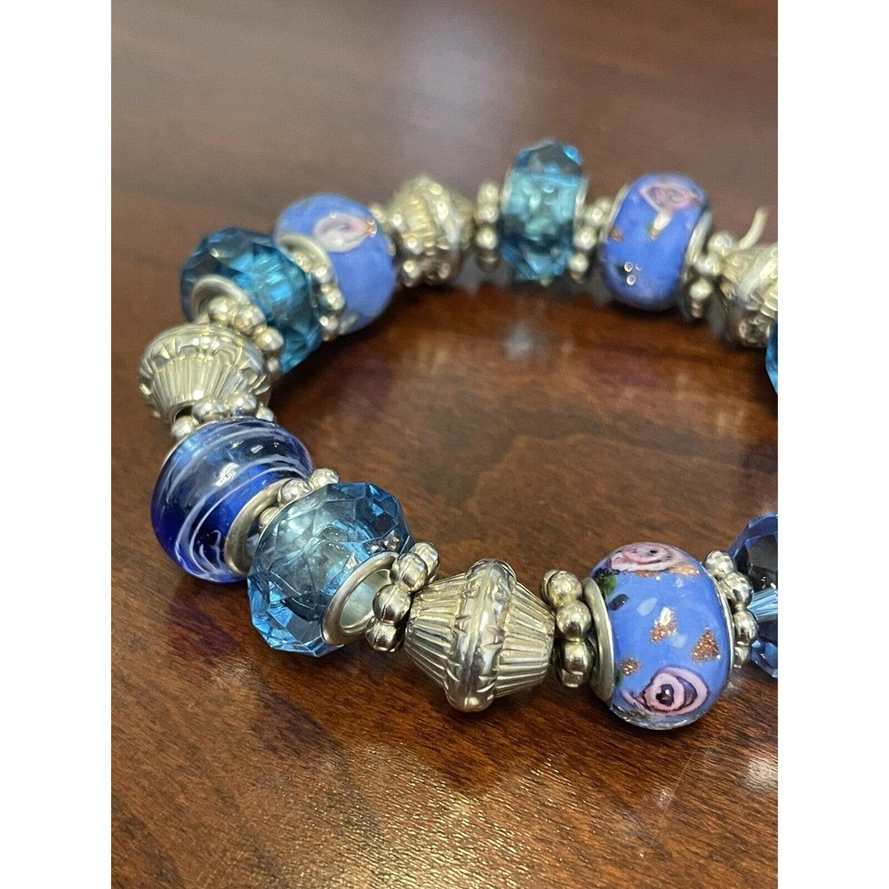 Handmade Ocean Blue/Teal Beaded Stretch Bracelet w/ Silver Beads Beachy Vibes
